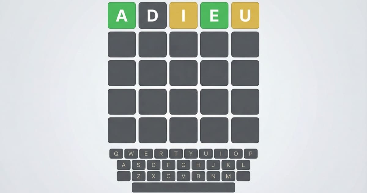 Colorful Wordle-style grid highlighting vowel letters A E I O U in green and yellow boxes
