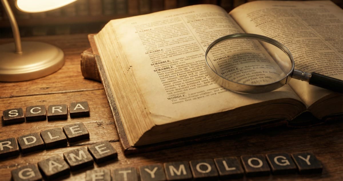 Vintage dictionary open on wooden table with letter tiles spelling game names and magnifying glass on pages