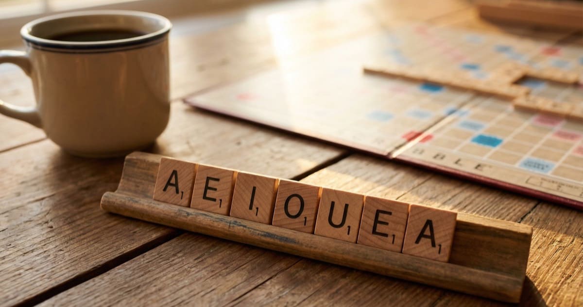 Scrabble tile rack showing all vowel tiles with strategy arrows